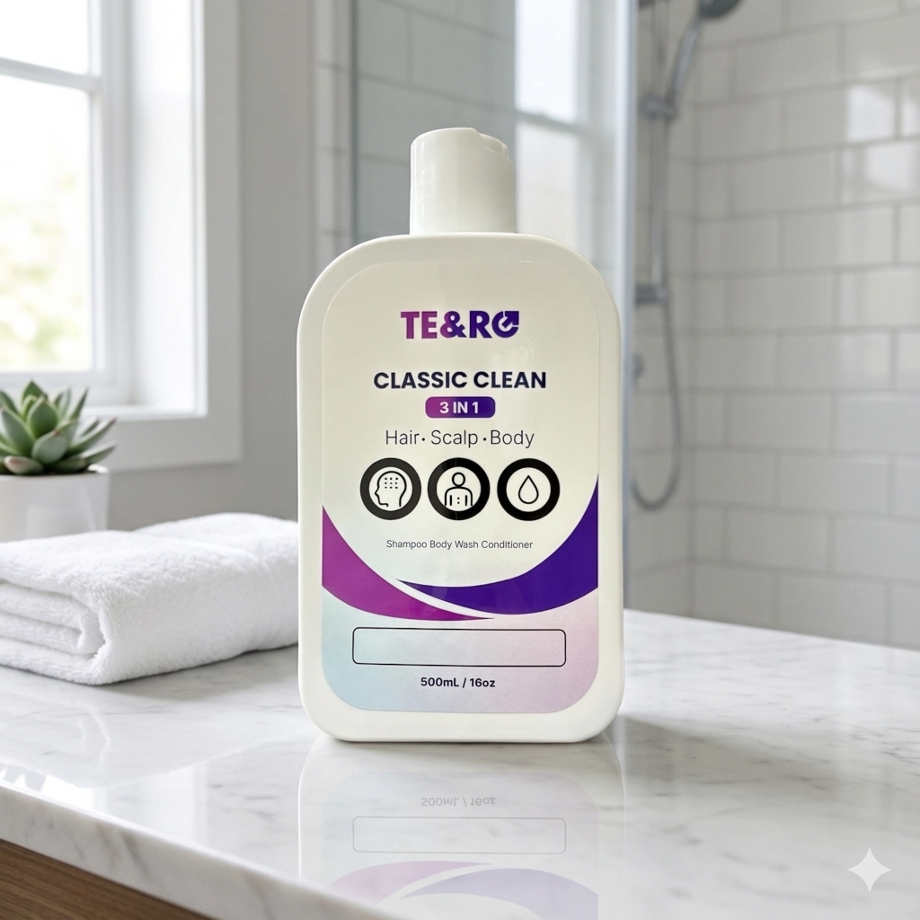TE&RO Classic Clean 3-in-1 bottle on a bathroom counter with a blurred background