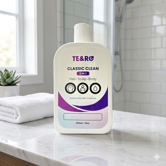 TE&RO Classic Clean 3-in-1 bottle on a bathroom counter with a blurred background