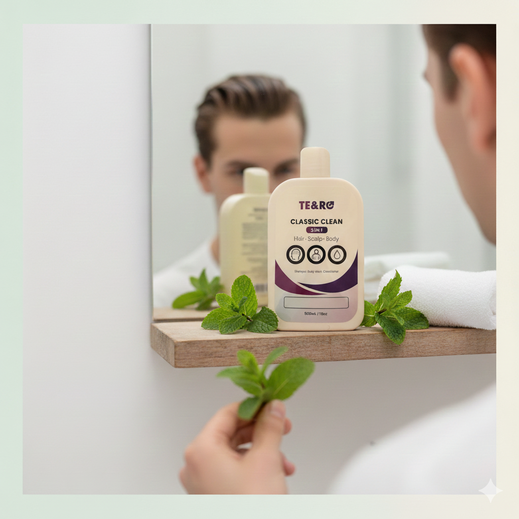 Person holding a bottle of TE&RO Classic Clean product with mint leaves on a shelf.