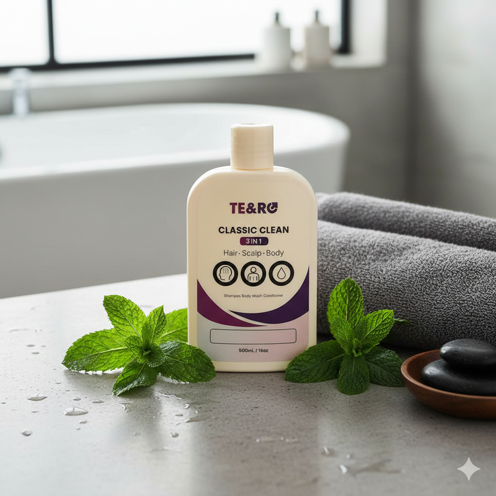 TE&RO shampoo bottle on a bathroom counter with mint leaves and stones