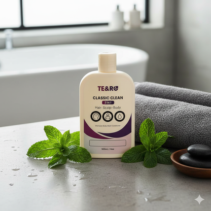 TE&RO shampoo bottle on a bathroom counter with mint leaves and stones